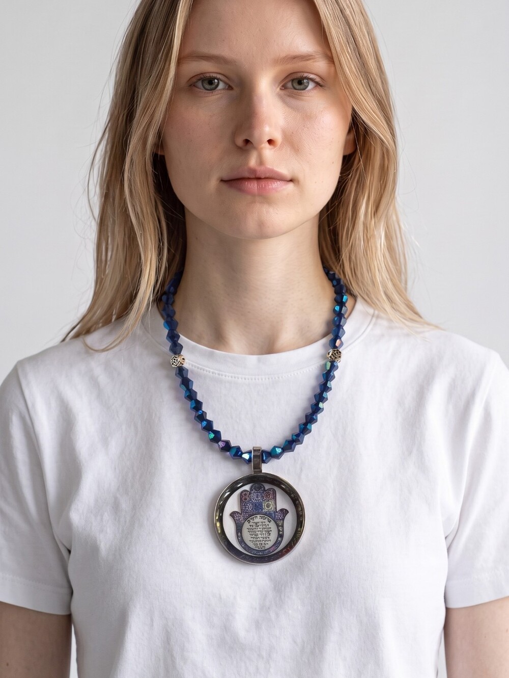 HAMSA HAND OF PROTECTION AMULET SWAROVSKI BEADS 16" TO 21"NECKLACE DESIGNER